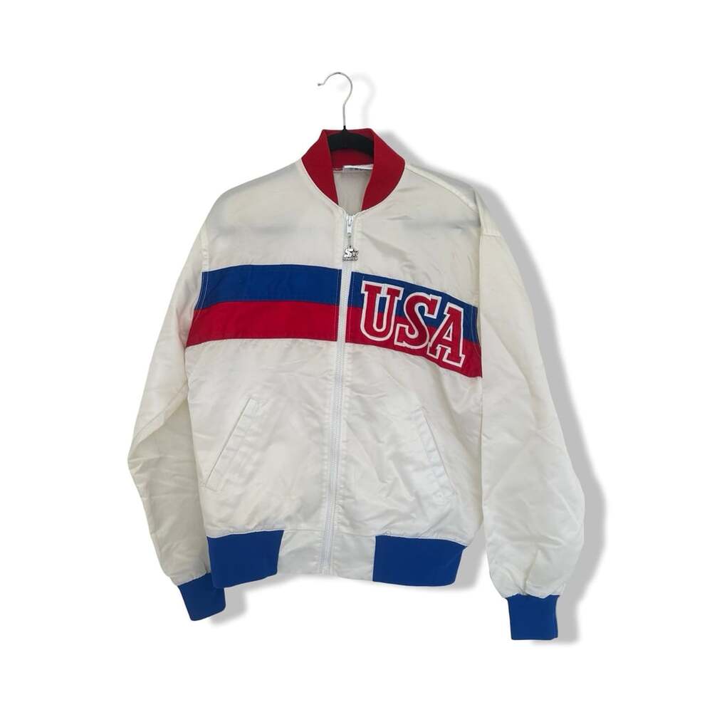 Vintage 1980s Starter USA Olympic Team Satin Bomber Jacket White Size L